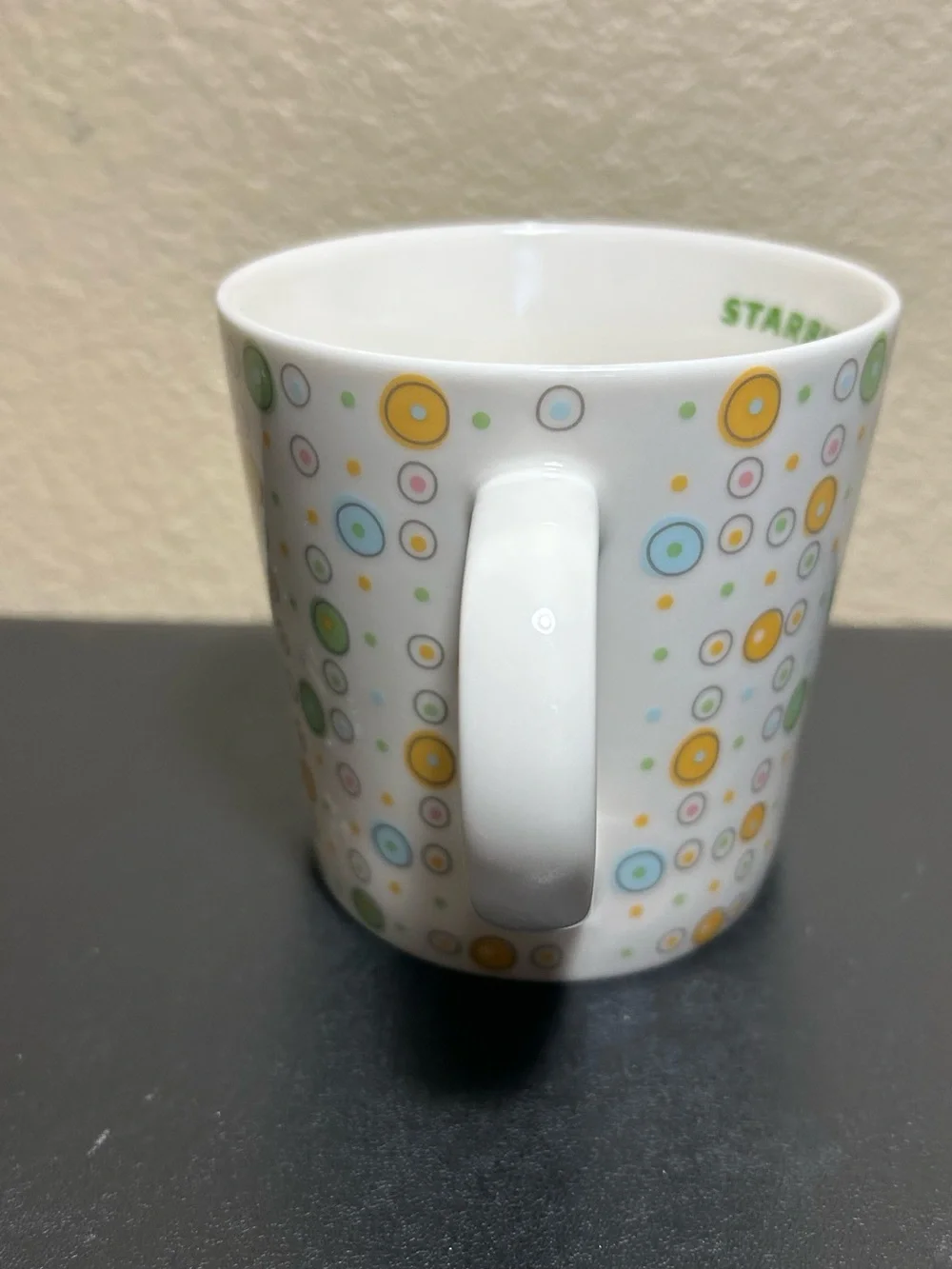 Starbucks White Ceramic Mug with Green, Yellow, Blue, Pink Dot Pattern Vintage